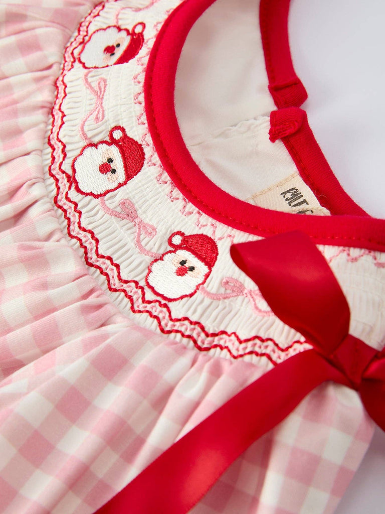 Pink Gingham Santa Smocked Girls Bubble - The Edit LLC