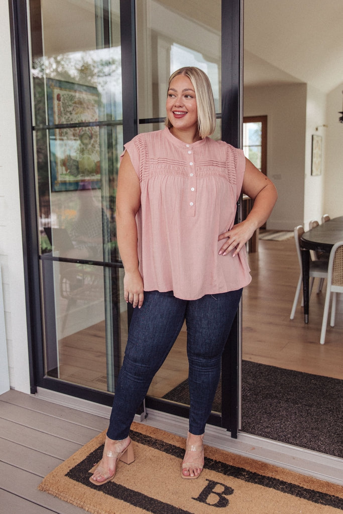 Pleat Detail Button Up Blouse in Pink - The Edit LLC