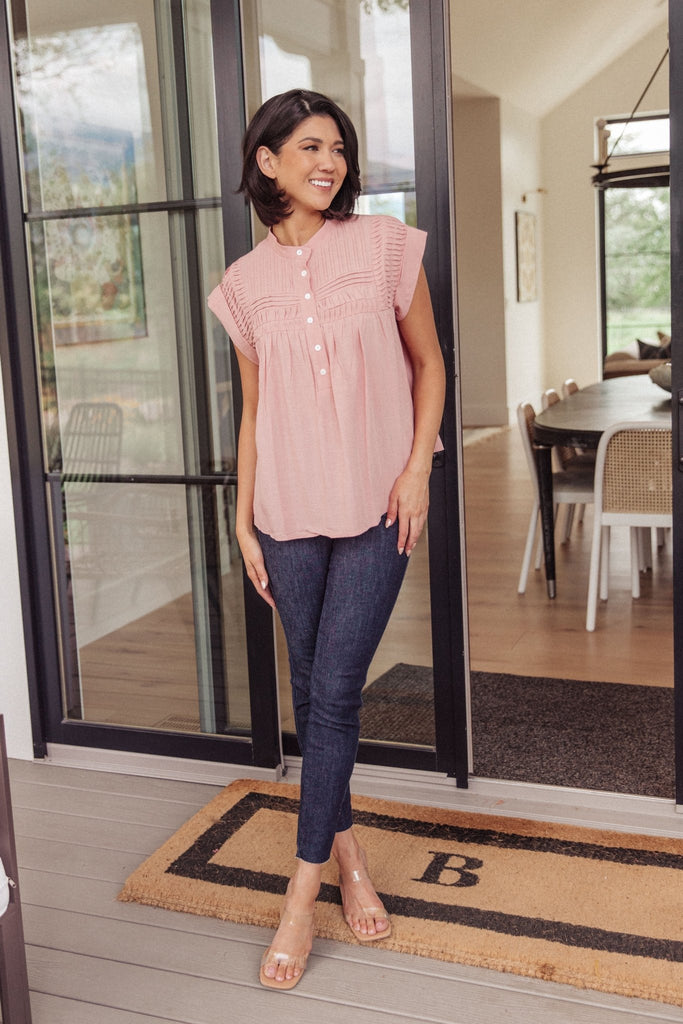 Pleat Detail Button Up Blouse in Pink - The Edit LLC