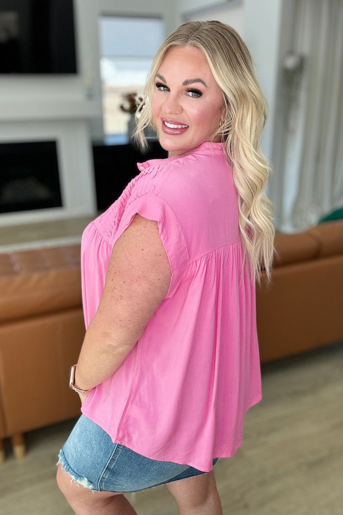 Pleat Detail Button Up Blouse in Pink Cosmos - The Edit LLC