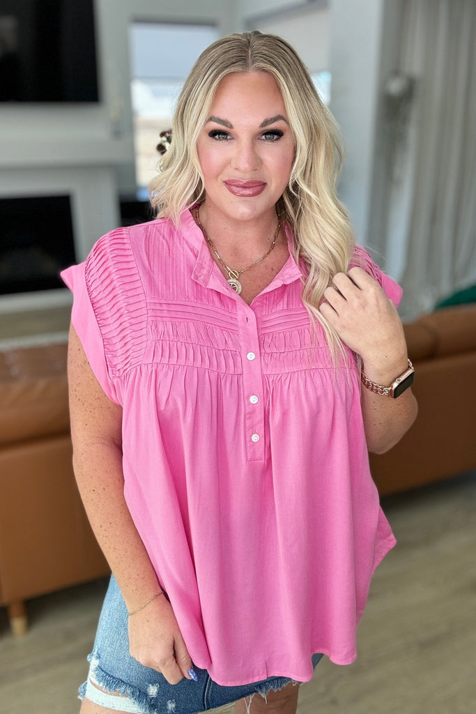 Pleat Detail Button Up Blouse in Pink Cosmos - The Edit LLC