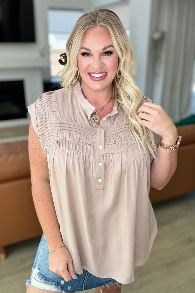 Pleat Detail Button Up Blouse in Taupe - The Edit LLC