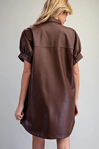 Pleather Mini Shirt Dress - Bark Brown - The Edit LLC
