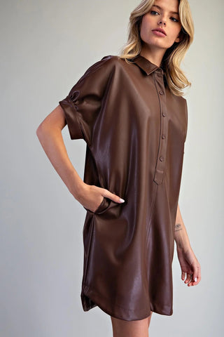 Pleather Mini Shirt Dress - Bark Brown - The Edit LLC