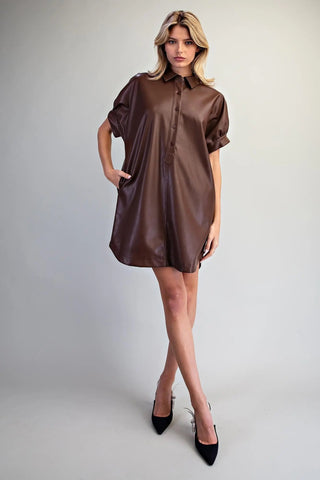 Pleather Mini Shirt Dress - Bark Brown - The Edit LLC