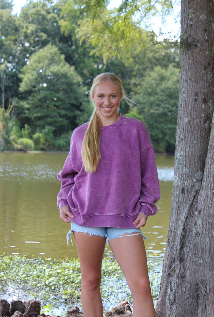 Plum Acid Washed Oversized Fleece Sweatshirt - The Edit LLC