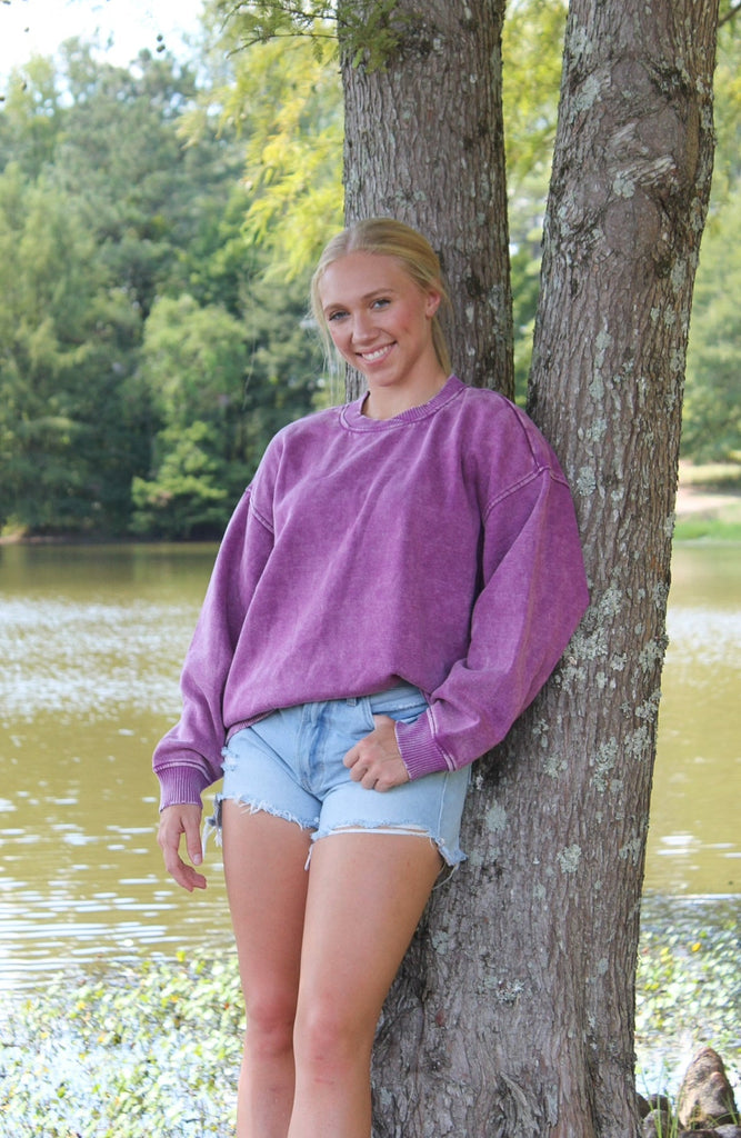 Plum Acid Washed Oversized Fleece Sweatshirt - The Edit LLC