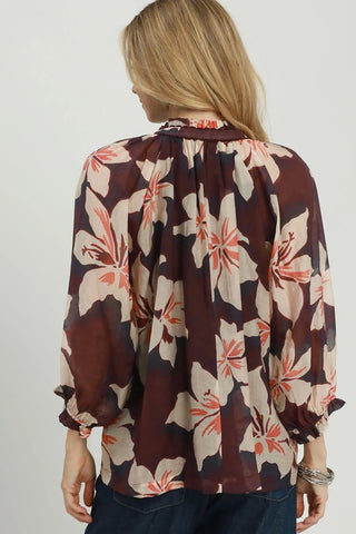 Plum Floral Print Split Neck Top - The Edit LLC
