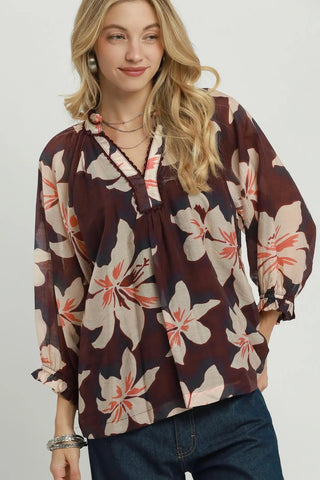 Plum Floral Print Split Neck Top - The Edit LLC
