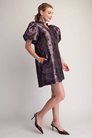 Plum Metallic Jacquard Puff Sleeve Mini Dress - The Edit LLC
