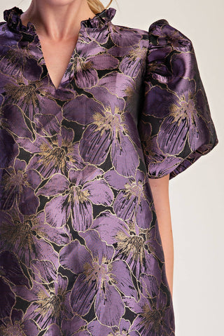 Plum Metallic Jacquard Puff Sleeve Mini Dress - The Edit LLC