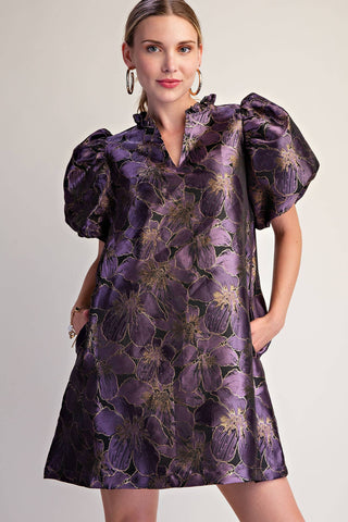 Plum Metallic Jacquard Puff Sleeve Mini Dress - The Edit LLC