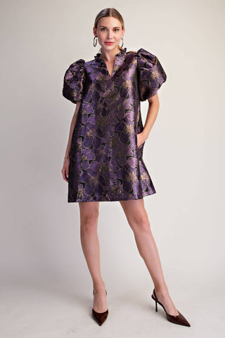 Plum Metallic Jacquard Puff Sleeve Mini Dress - The Edit LLC