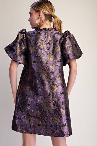 Plum Metallic Jacquard Puff Sleeve Mini Dress - The Edit LLC