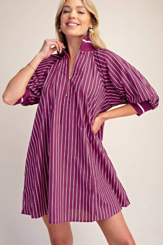 Plum Mock Neck Band Half Zip Stripe Mini Dress - The Edit LLC