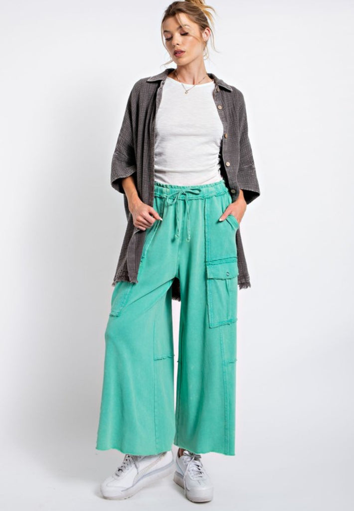 Plus Easel Terry Palazzo Pants - Atlantis Green - The Edit LLC