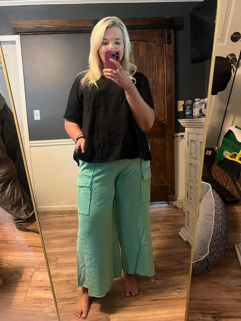 Plus Easel Terry Palazzo Pants - Atlantis Green - The Edit LLC