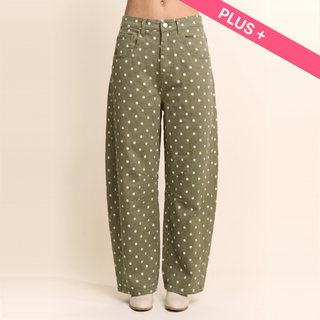 Plus - High-Waist Polka Dot Barrel Pants: Burgundy / 1X-2X-3X(3-2-1) - The Edit LLC