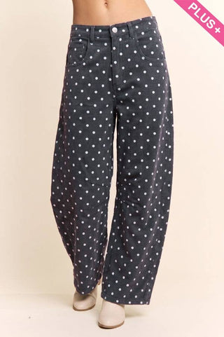 Plus - High-Waist Polka Dot Barrel Pants: Burgundy / 1X-2X-3X(3-2-1) - The Edit LLC