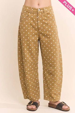 Plus - High-Waist Polka Dot Barrel Pants: Burgundy / 1X-2X-3X(3-2-1) - The Edit LLC