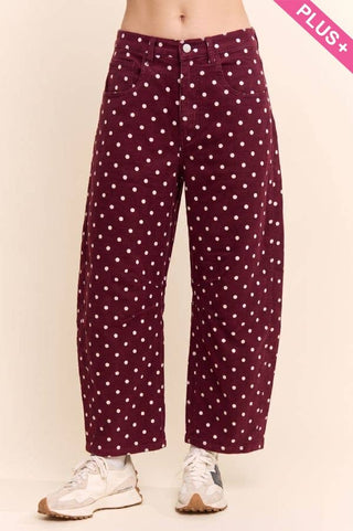 Plus - High-Waist Polka Dot Barrel Pants: Burgundy / 1X-2X-3X(3-2-1) - The Edit LLC