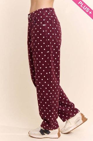 Plus - High-Waist Polka Dot Barrel Pants: Burgundy / 1X-2X-3X(3-2-1) - The Edit LLC