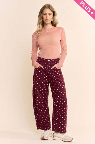 Plus - High-Waist Polka Dot Barrel Pants: Burgundy / 1X-2X-3X(3-2-1) - The Edit LLC