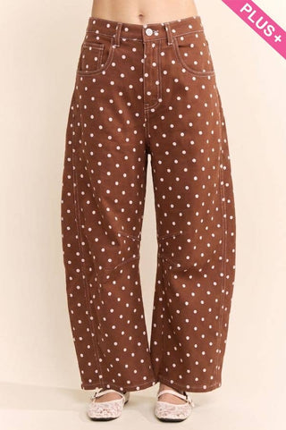 Plus - High-Waist Polka Dot Barrel Pants: Burgundy / 1X-2X-3X(3-2-1) - The Edit LLC