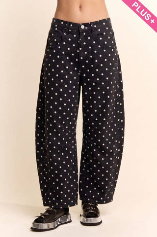 Plus - High-Waist Polka Dot Barrel Pants: Burgundy / 1X-2X-3X(3-2-1) - The Edit LLC