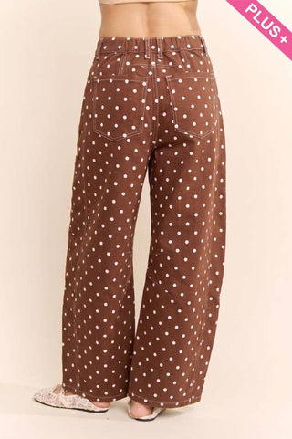 Plus - High-Waist Polka Dot Barrel Pants: Burgundy / 1X-2X-3X(3-2-1) - The Edit LLC