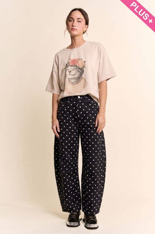 Plus - High-Waist Polka Dot Barrel Pants: Burgundy / 1X-2X-3X(3-2-1) - The Edit LLC