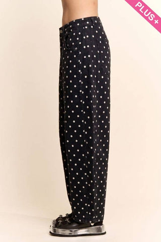 Plus - High-Waist Polka Dot Barrel Pants: Burgundy / 1X-2X-3X(3-2-1) - The Edit LLC