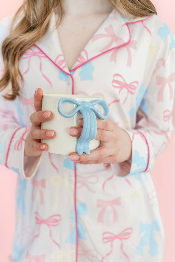 Powder Blue Bow Ceramic Coffee Tea Mug with Ribbon Handle: Blue - The Edit LLC