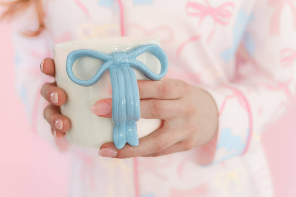 Powder Blue Bow Ceramic Coffee Tea Mug with Ribbon Handle: Blue - The Edit LLC