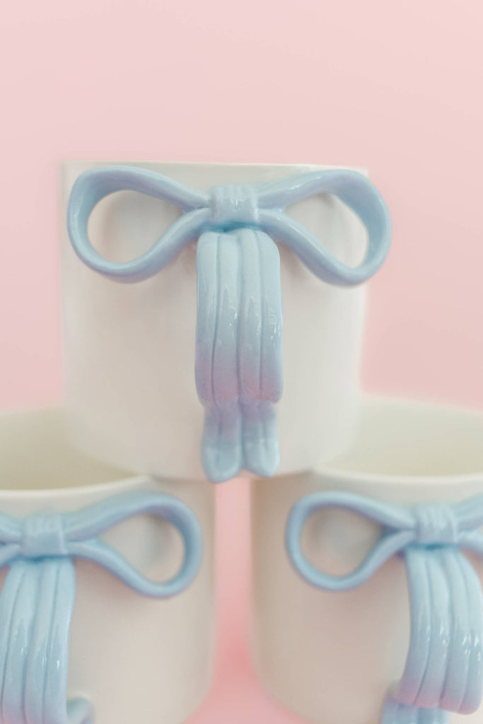 Powder Blue Bow Ceramic Coffee Tea Mug with Ribbon Handle: Blue - The Edit LLC