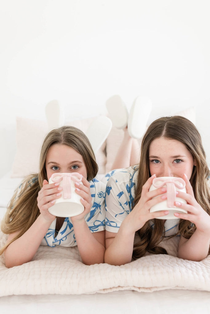 Powder Blue Bow Ceramic Coffee Tea Mug with Ribbon Handle: Blue - The Edit LLC
