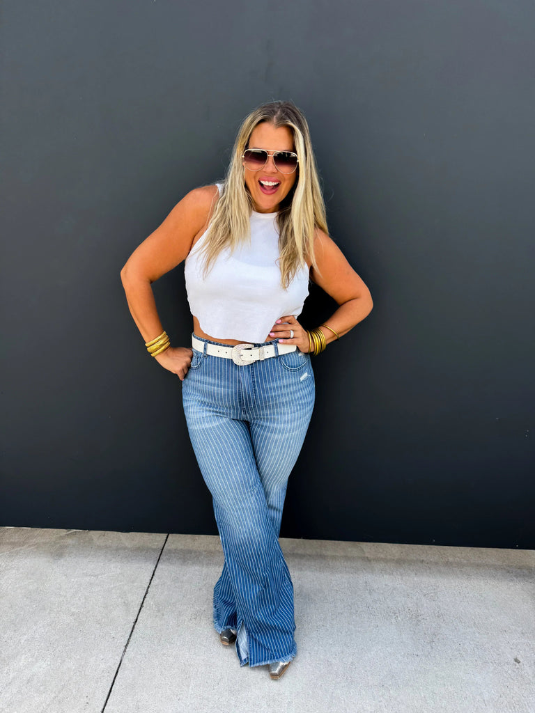 PREORDER: Take Sides Pinstripe TUMMY CONTROL Jeans - The Edit LLC