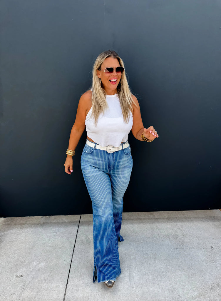 PREORDER: Take Sides Pinstripe TUMMY CONTROL Jeans - The Edit LLC