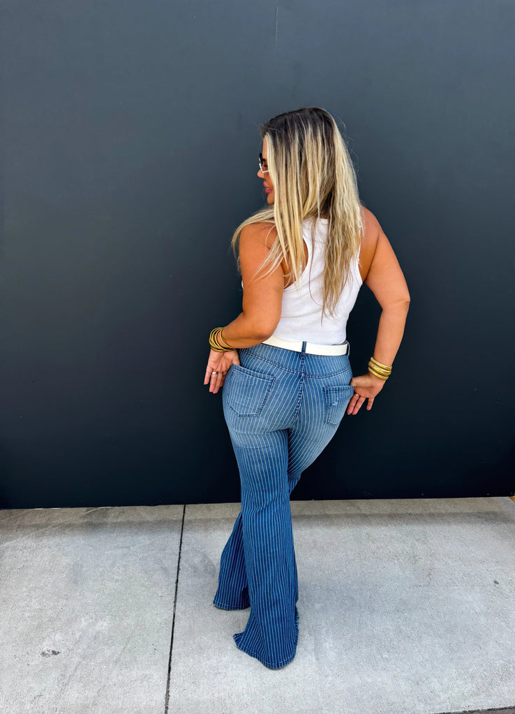 PREORDER: Take Sides Pinstripe TUMMY CONTROL Jeans - The Edit LLC