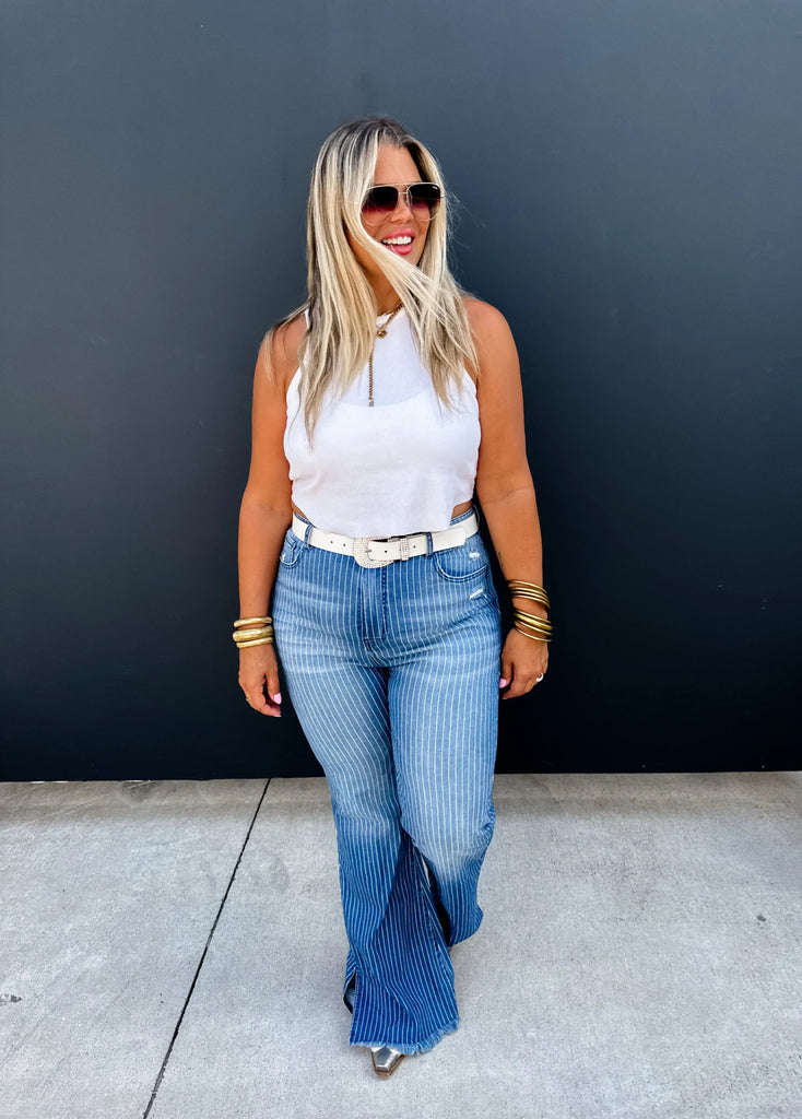 PREORDER: Take Sides Pinstripe TUMMY CONTROL Jeans - The Edit LLC