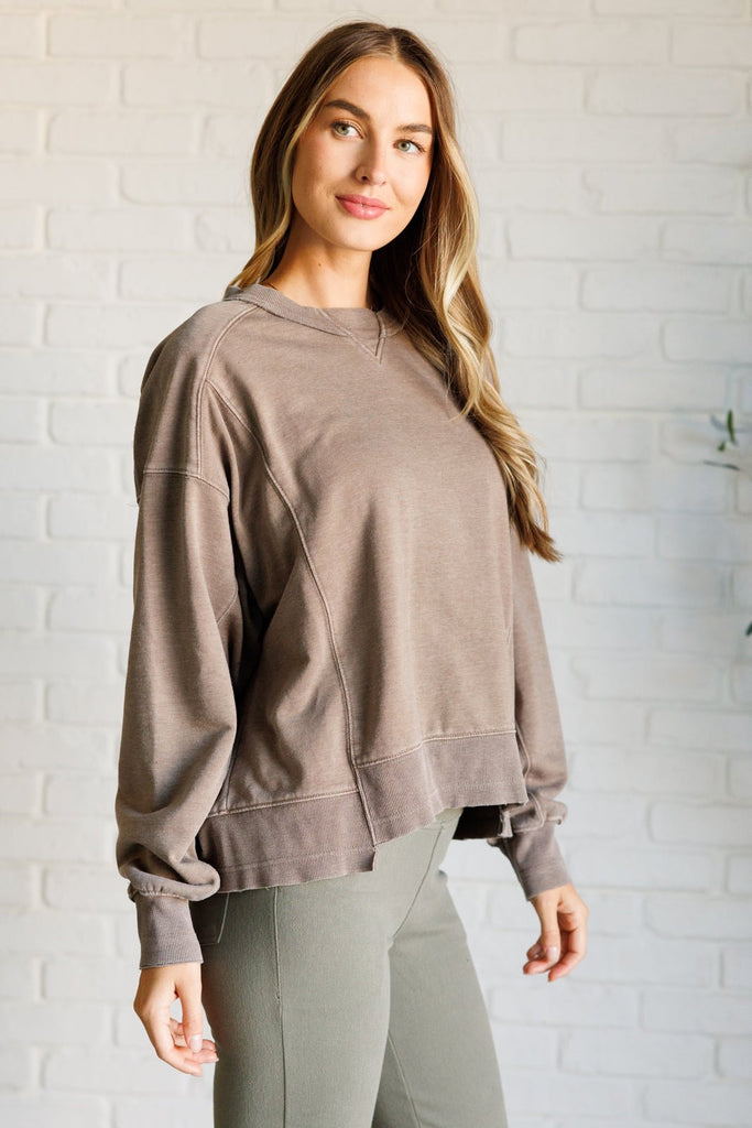 Quick Fix Mineral Wash Crew Neck Pullover in Mocha - The Edit LLC