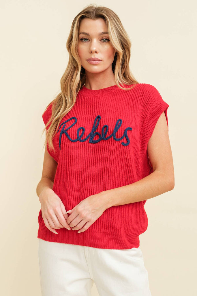 "REBELS" EMBROIDERED SLEEVELESS SWEATER TOP - The Edit LLC