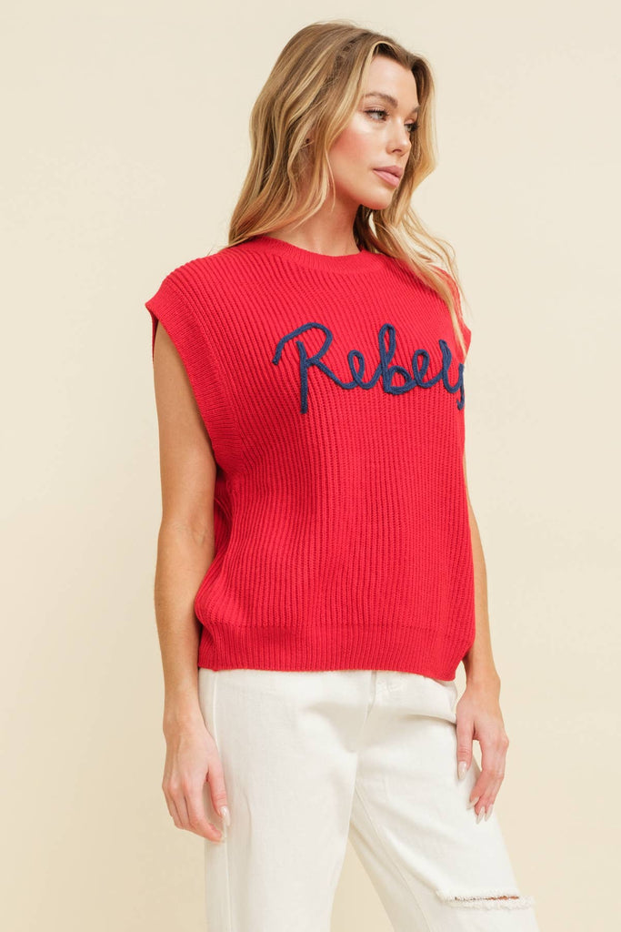 "REBELS" EMBROIDERED SLEEVELESS SWEATER TOP - The Edit LLC
