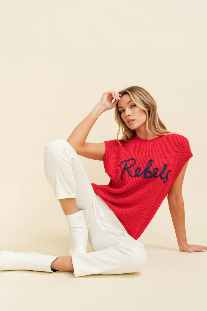 "REBELS" EMBROIDERED SLEEVELESS SWEATER TOP - The Edit LLC