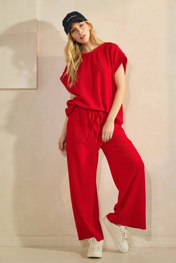 Red Striped Rib Knit Lounge Set - The Edit LLC