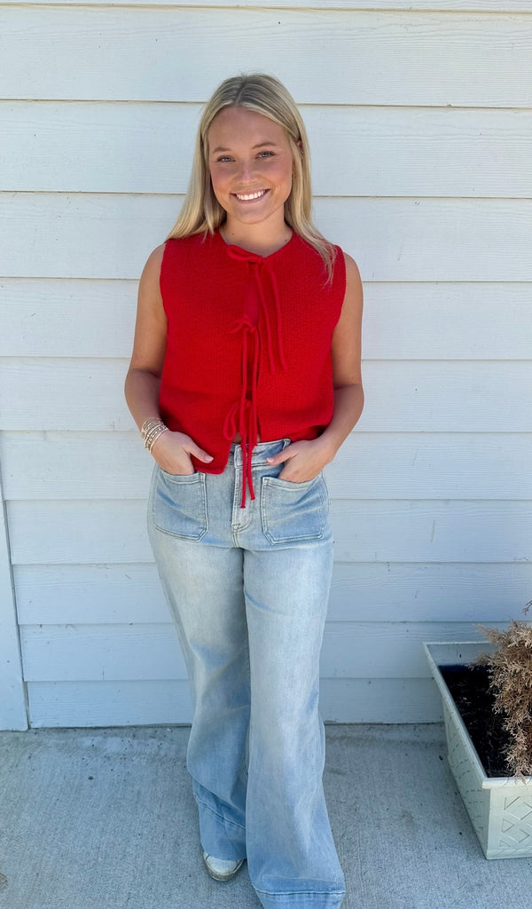 Red Tie Down Sweater Vest - The Edit LLC