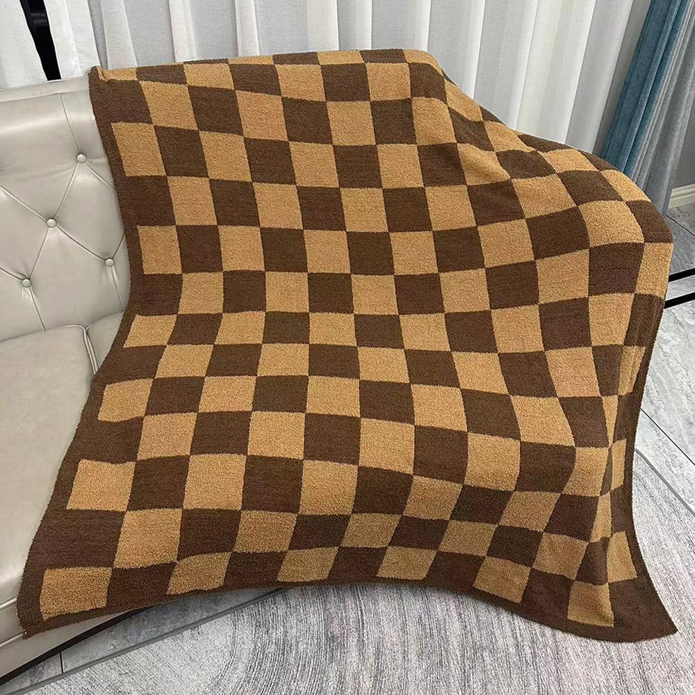 Reversible Checkerboard Patterned Throw Blanket: Brown - The Edit LLC