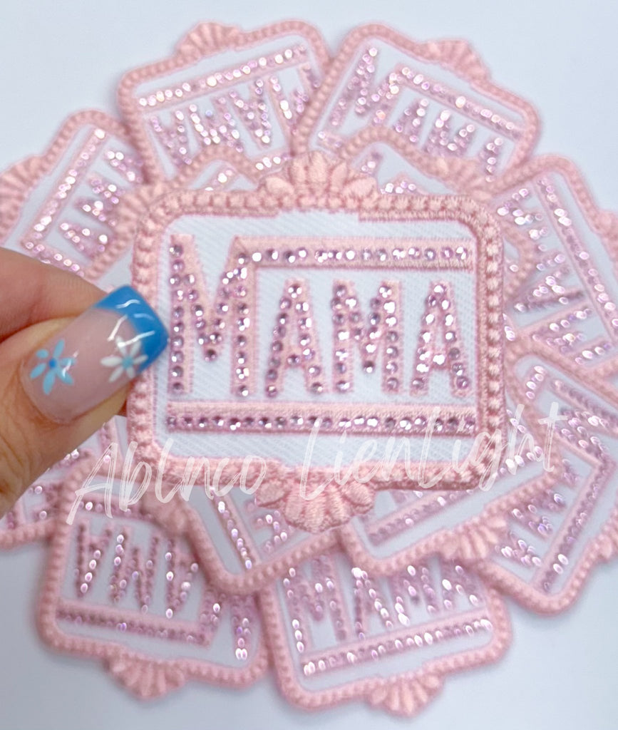 Rhinestone mama small pink trucker hat patch iron on - The Edit LLC