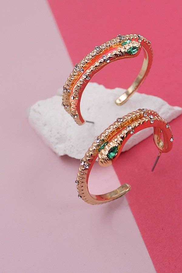 RHINESTONE SNAKE HOOP EARRINGS | 31E03142: GOLD - The Edit LLC