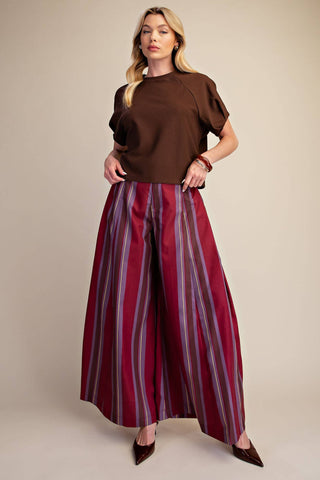 Round Neck Puff Short Sleeve Pullover Top: Brown / S - The Edit LLC